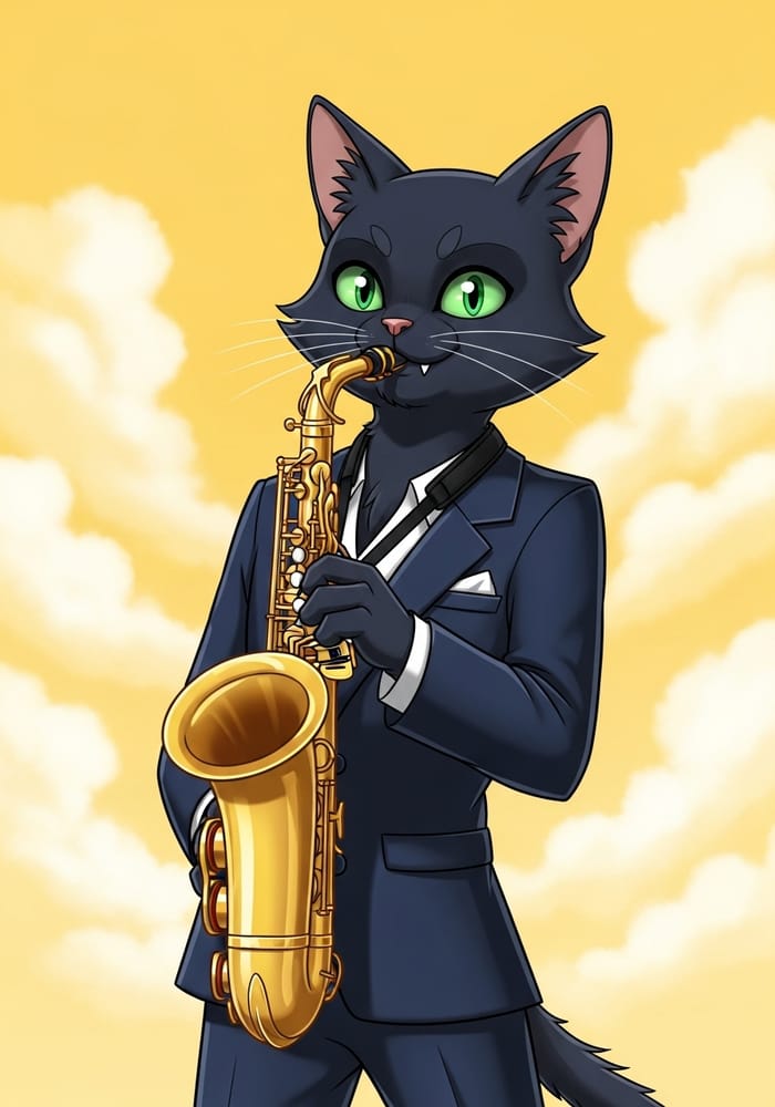 Cartoon Cat Playing Saxophone