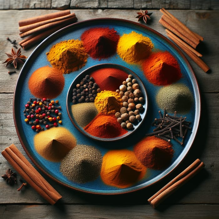 Colorful Spices on a Blue Plate: Aromatic Display