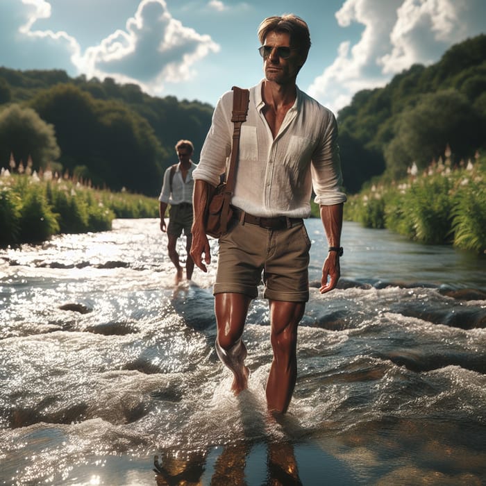 Tranquil River Crossing by a Confident Man