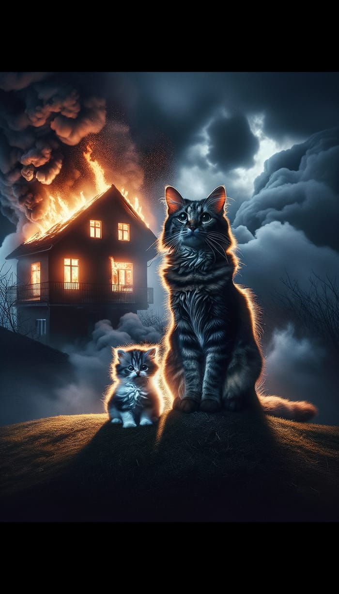 A Cat and Kitten Watch Sad Scene of House Fire