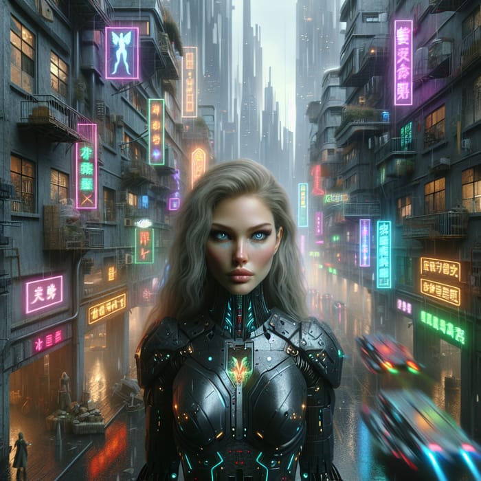 Viking Girl in a Cyberpunk Cityscape