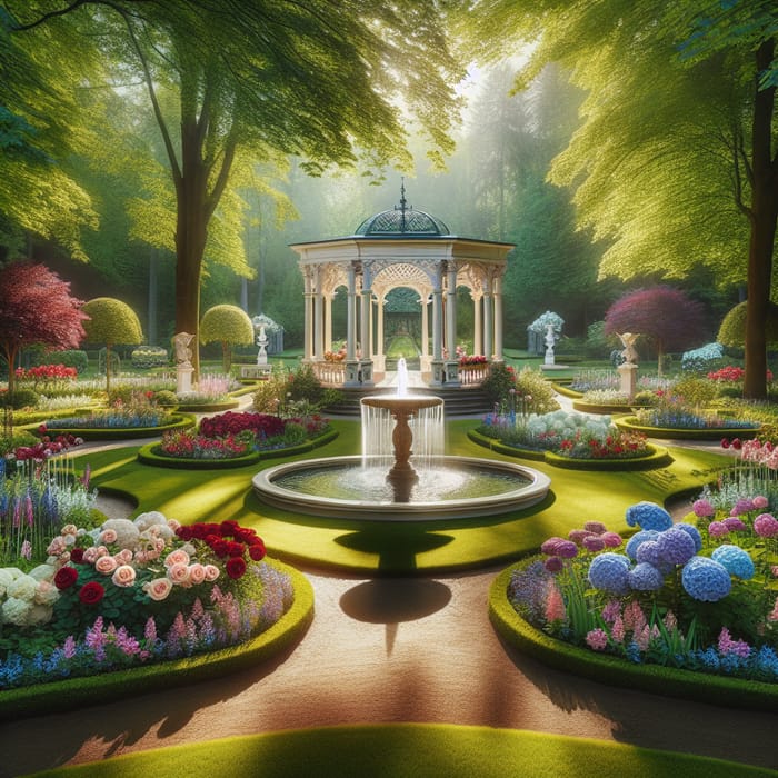 Beautiful Spring Garden with Fountain and Gazebo