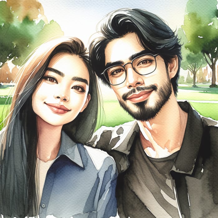 Watercolor Painting of Young South Asian Couple in Sunlit Park