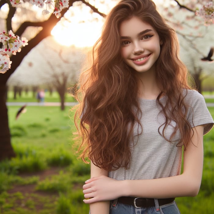 Beautiful 16-Year-Old Girl in a Cherry Blossom Park