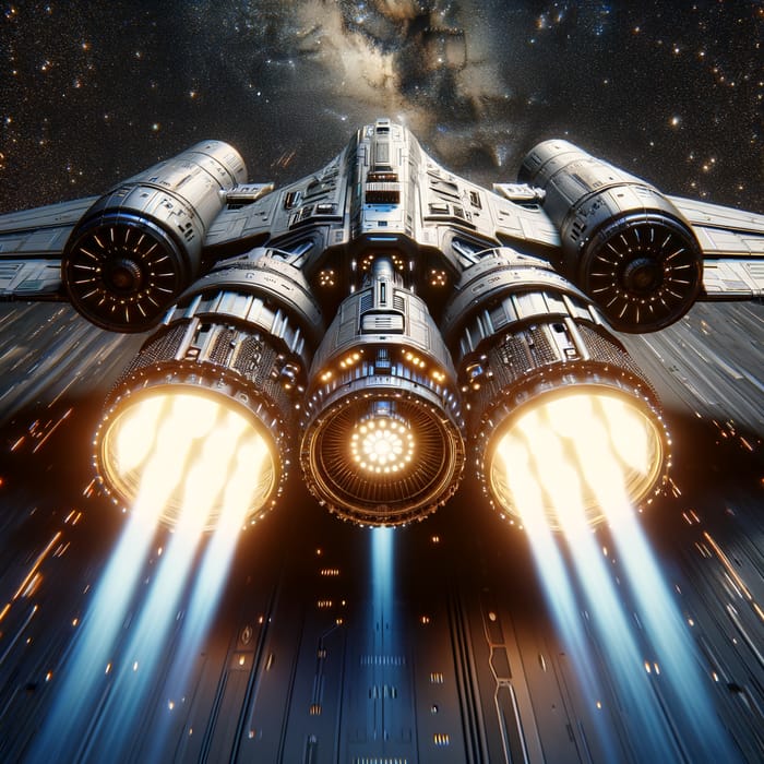 Stunning 3D Game-Style Spaceship Aft Engine Firing Scene