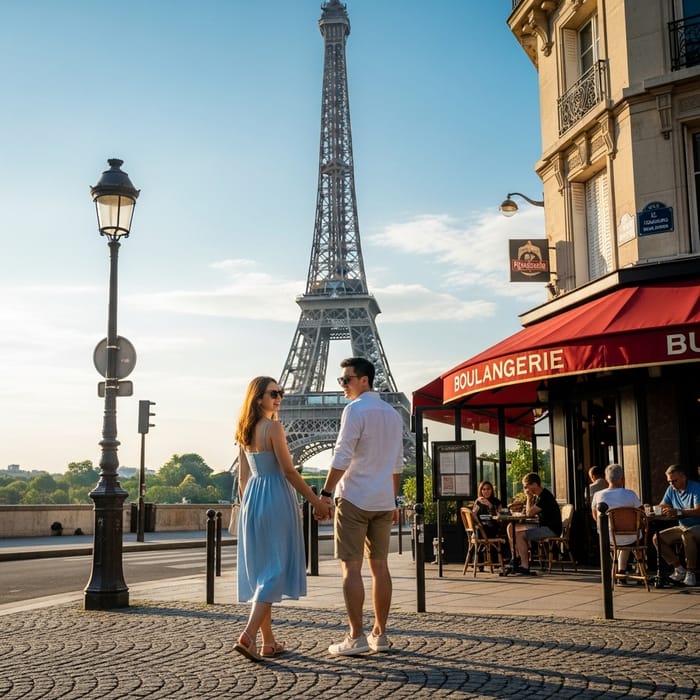 Couple Strolling by the Eiffel Tower in Paris