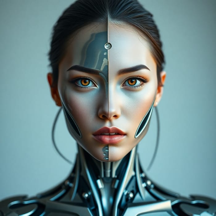 Futuristic Cyberpunk Art: Human-Model Robot Face