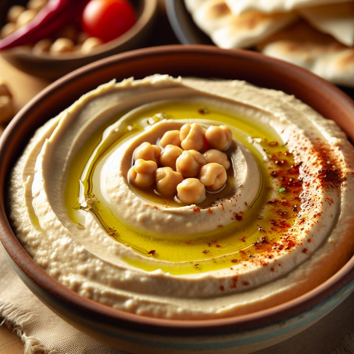 Creamy Traditional Middle Eastern Hummus in Ceramic Bowl