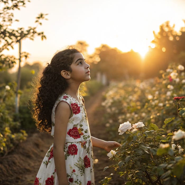 Serene Sunset Garden Scene with Young Girl