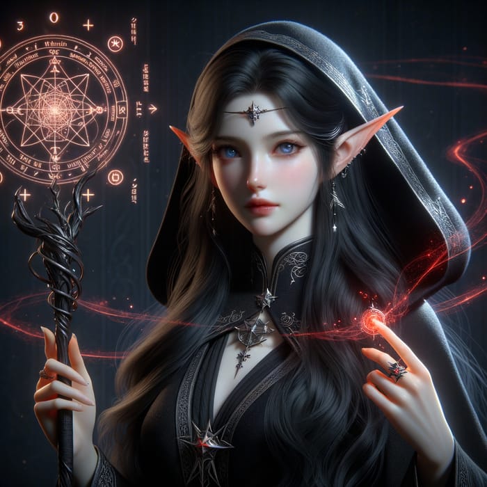 Fantasy Elven Mage Character with Mystical Staff and Star Amulet