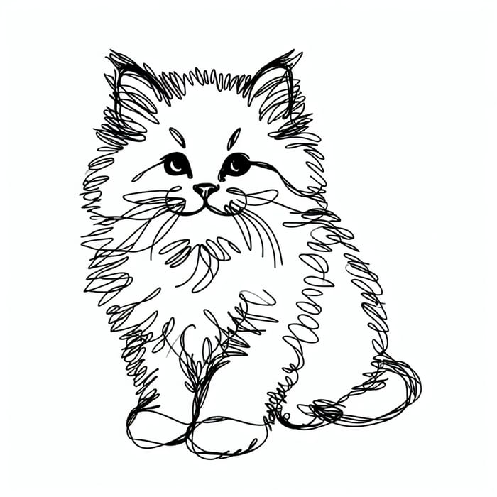 Minimalist Siberian Kitten Illustration in Black Line Art