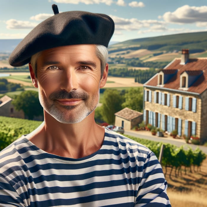 French Man in Beret Amongst Idyllic Rural Landscape