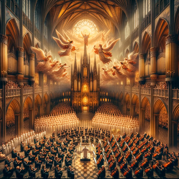 Majestic Gothic Church with Golden Light Choir and Angelic Orchestra