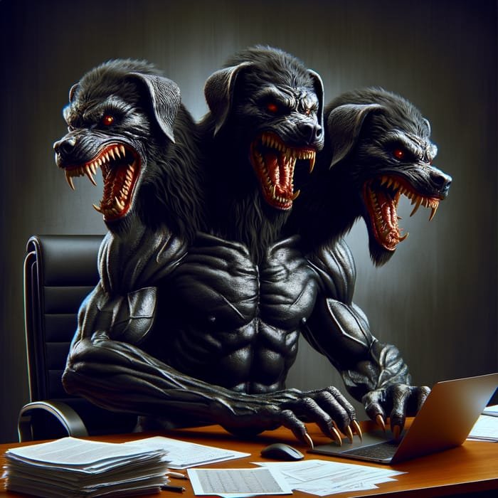 Angry Cerberus in Black Work - Myth Meets Office Life