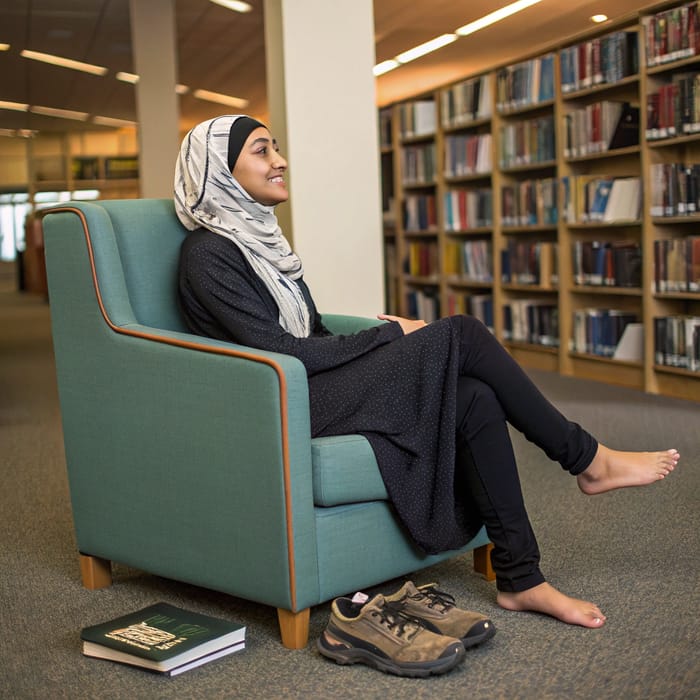 Arab Girl in Library: A Moment of Relaxation