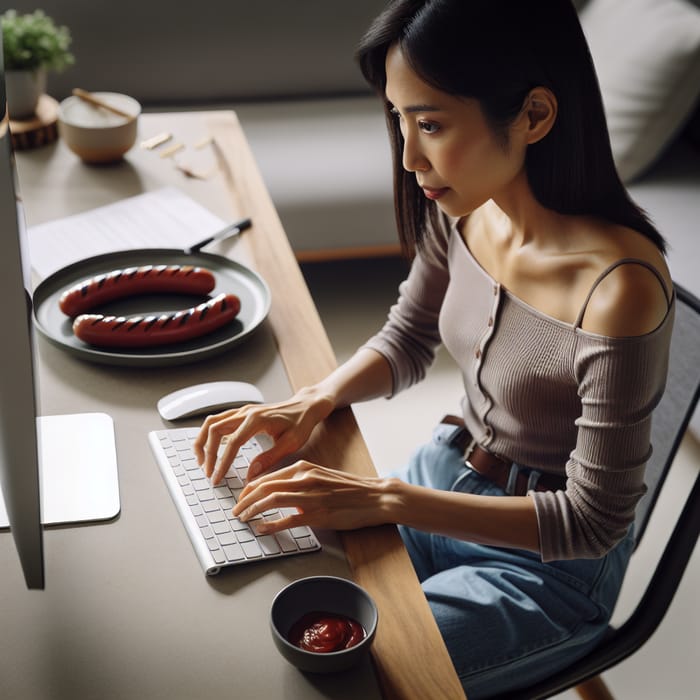 South Asian Woman Working at Home Office Desk | Multitasking with Sausage Snack