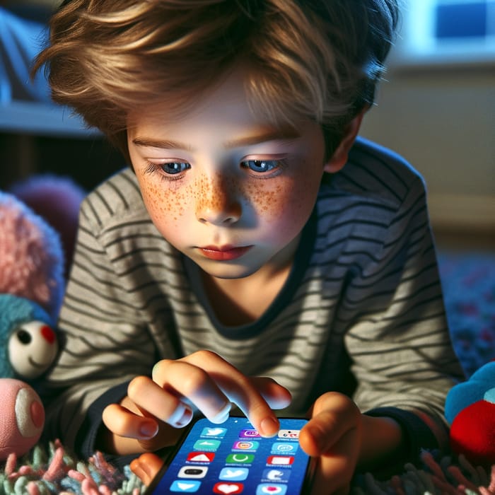 Young Boy Engrossed in Social Media on Smartphone - Heartwarming Scene