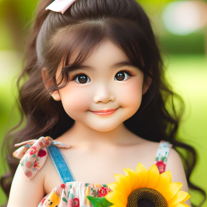 Cute East Asian Girl with Curly Hair and Sunflower