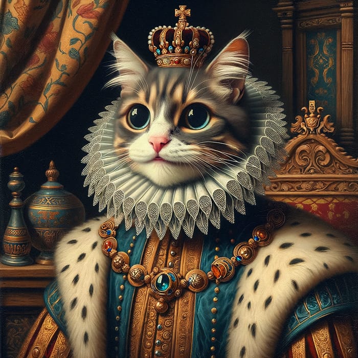 Medieval Cat with Ridiculous Muzzle and Royal Decorations