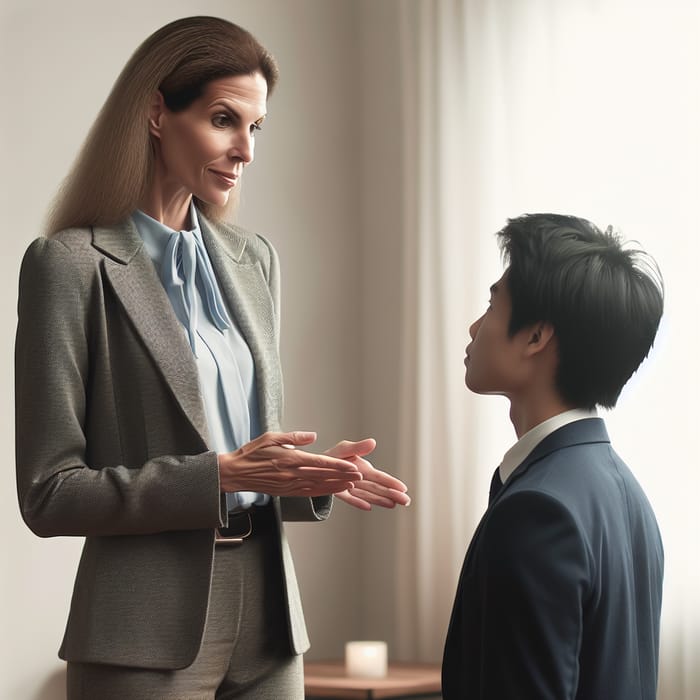 Empowering Discussion: Tall Woman Engages Short Man Respectfully