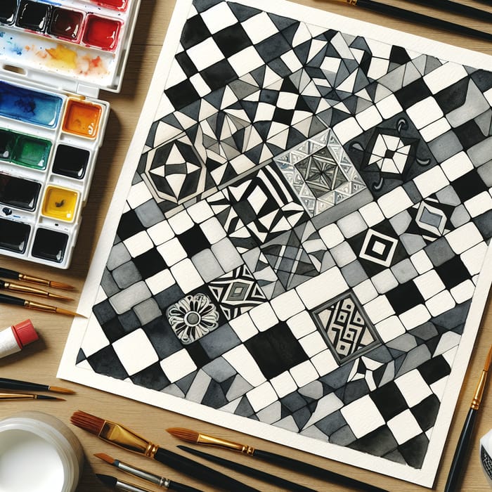 Watercolor Painting: Black & White Chessboard Rhombus Floor