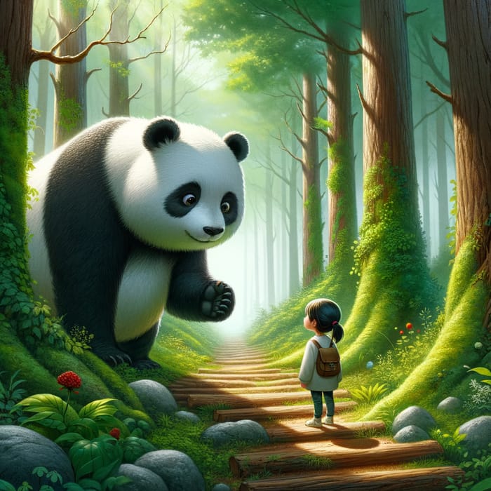 Panda Bear Encounters Little Girl in Lush Forest