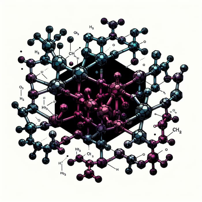 Vibrant Benzene Molecule Illustration in Black, Purple, and Blue