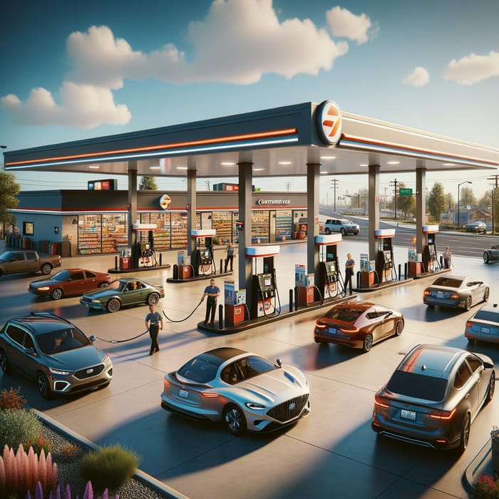 Service Station Scene: Car Refueling at Busy Gas Station Service Station Scene: Car Refueling at Busy Gas Station