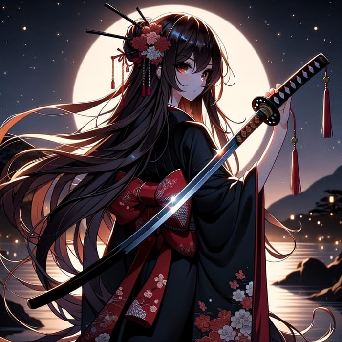 Anime Girl in Traditional Black and Red Kimono with Bronze Hair Holding a Katana