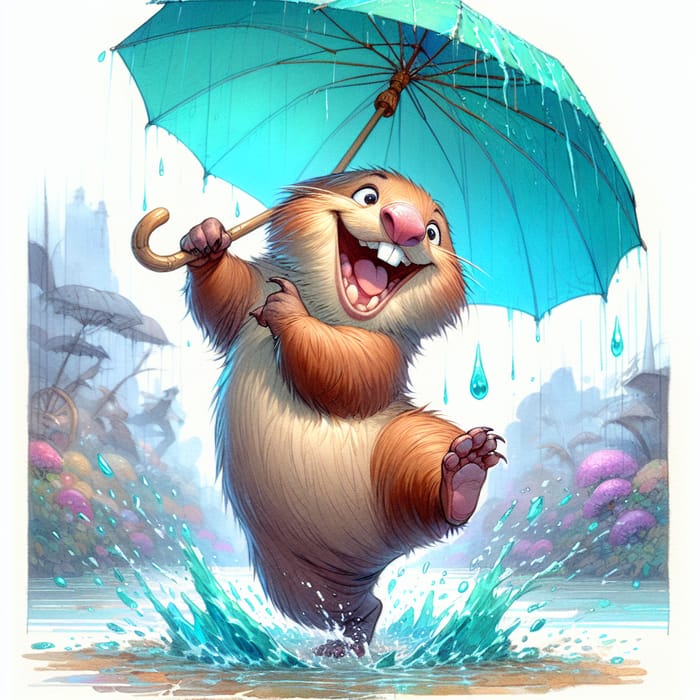 Wet Wombat Dances with Turquoise Umbrella | Hayao Miyazaki Style