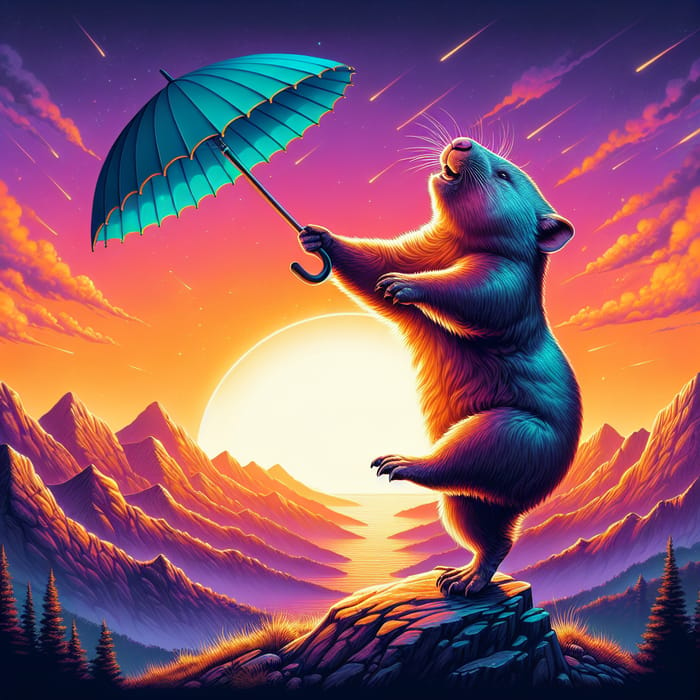 Wet Wombat Dances on Mountain at Sunset with Turquoise Umbrella | Digital Art Style