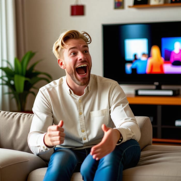 Excited Blond Man Watching TV on Sofa