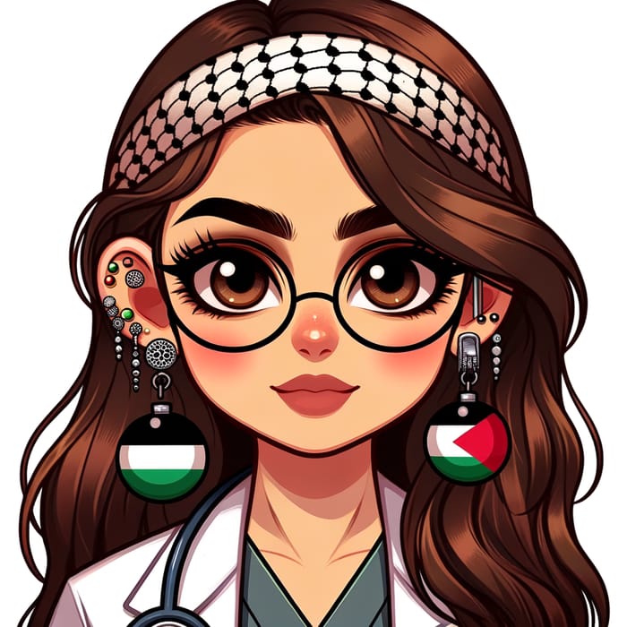 Palestinian Female Doctor with Long Brown Hair and Stylish Ear Piercings