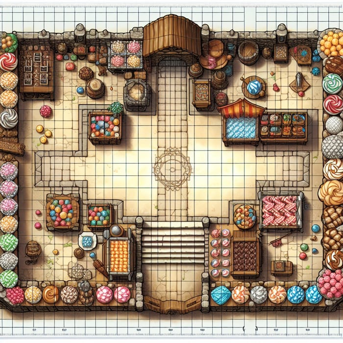 D&D Tabletop Game Map with Sweet Shop Grid and Shelves