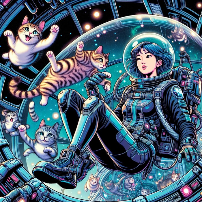 Young Girl in Futuristic Spaceship Surrounded by Floating Cats