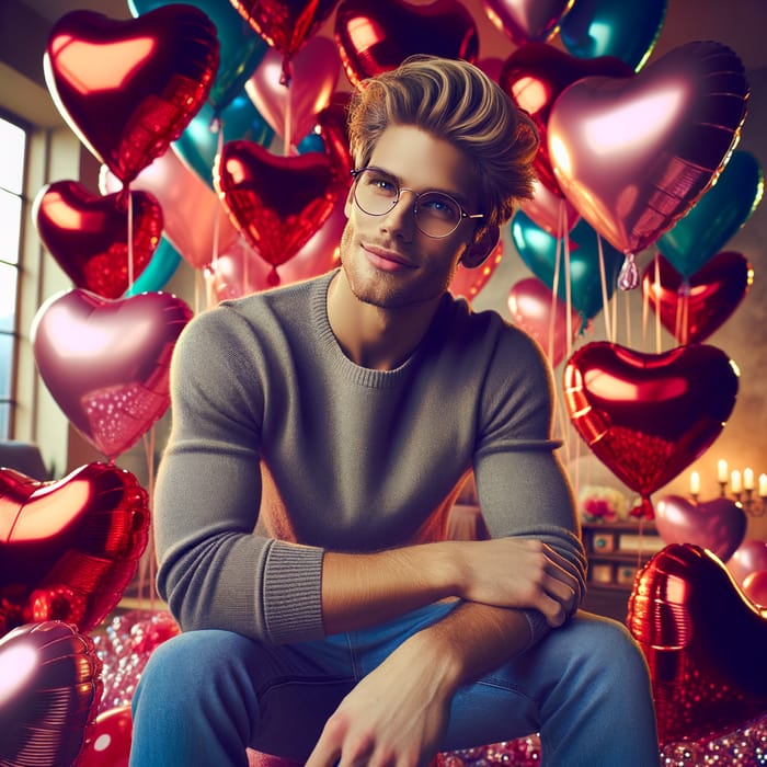 Joyful Young Man in Heart Balloon Room | Vibrant Portrait Photography