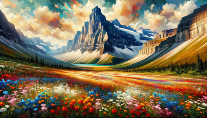 Majestic Mountain Peak & Colorful Wildflowers in Impressionistic Artwork