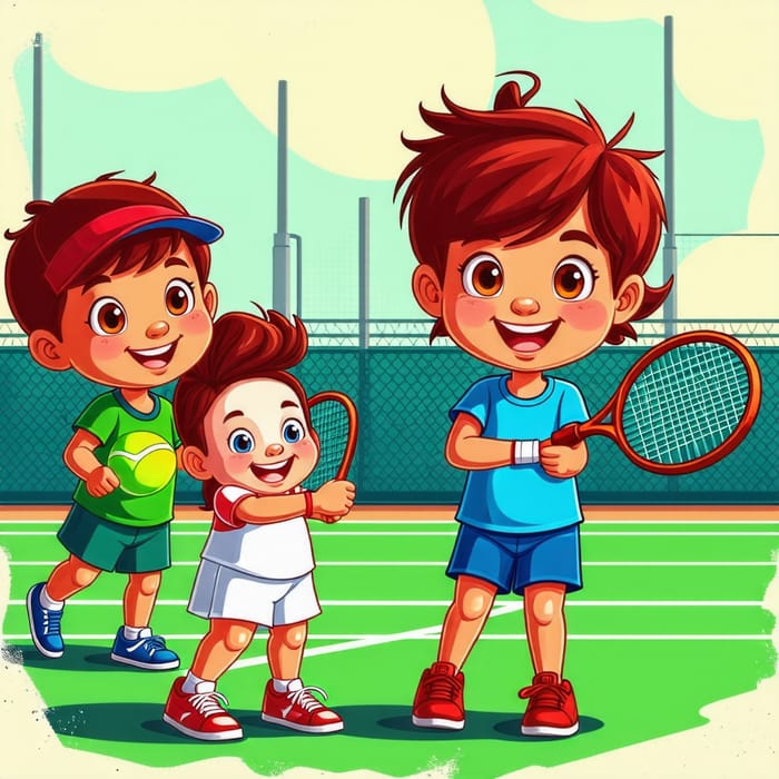 Cartoon Kids Playing Tennis and Having Fun