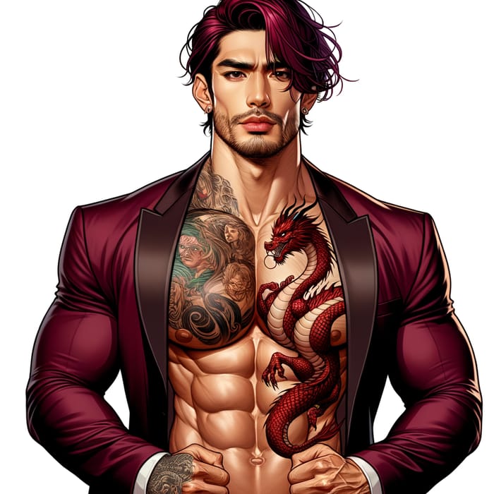 Strong Hispanic Man with Dragon Tattoo, Red Hair in Maroon Tuxedo