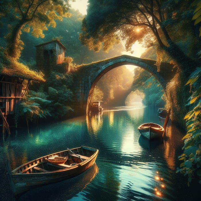 Rustic Waterway: Tranquil Scene with Stone Bridge