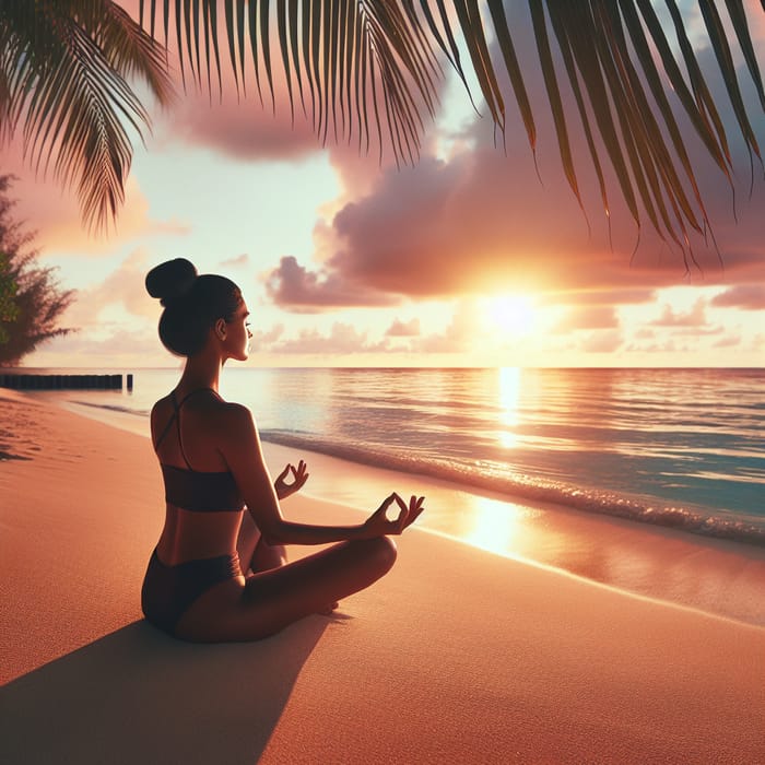 Calming Yoga Woman Practicing Meditation on Beach