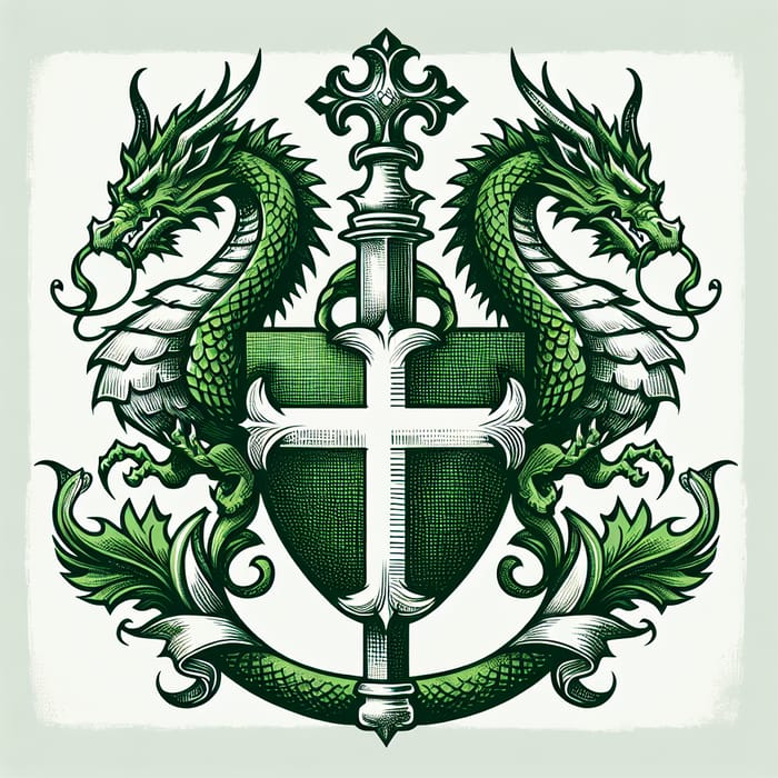 Green Coat of Arms with Dragon Crest in Drawing Style