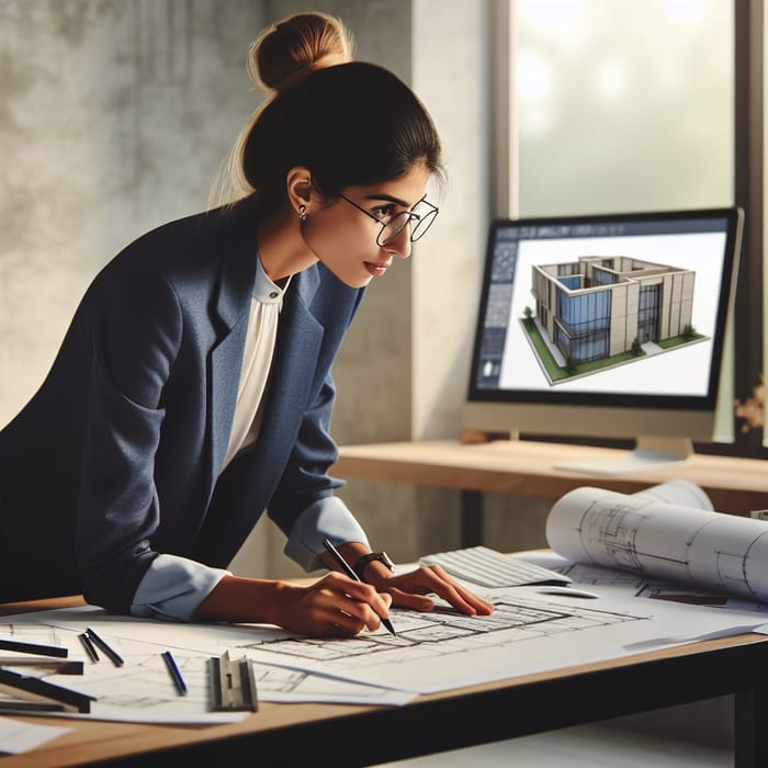 Tranquil Office Environment: Middle-Eastern Female Architect Working on Building Designs Tranquil Office Environment: Middle-Eastern Female Architect Working on Building Designs