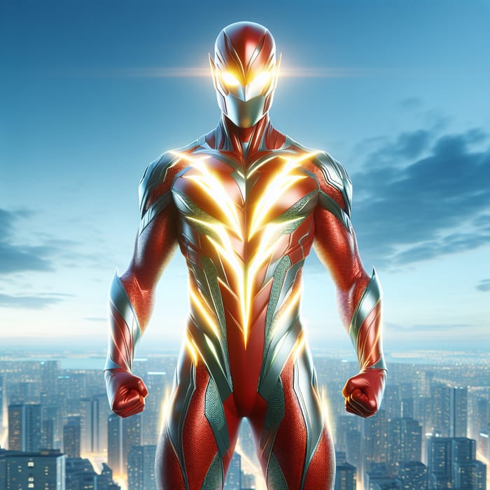 Ultraman: Red-Silver Superhero in City Skyline | Brand Name