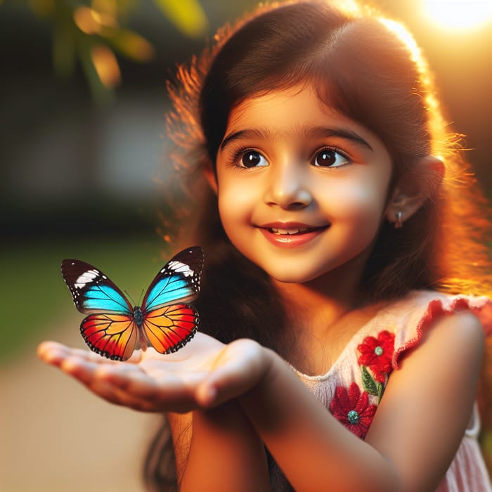 Cheerful Girl with Colorful Butterfly in Hand