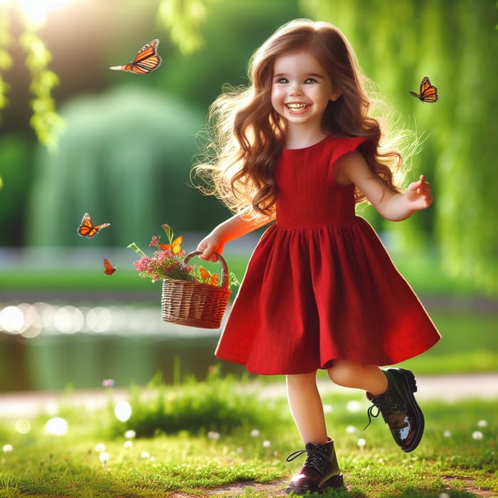 Adorable Little Girl with Long Wavy Brown Hair Laughing in Green Park