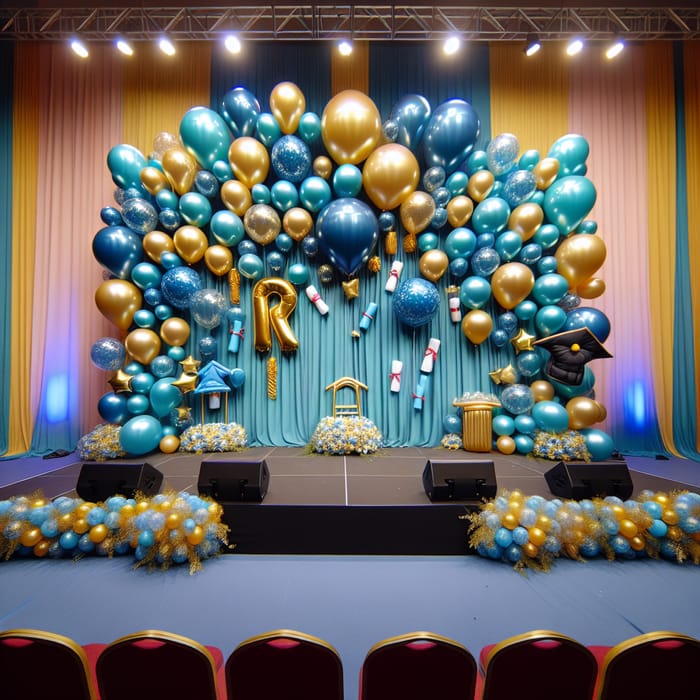 Stage Decoration with Academic Blue, Gold & Turquoise Balloons