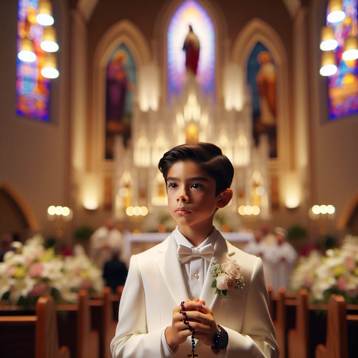 Serene Hispanic Boy First Communion in Catholic Church