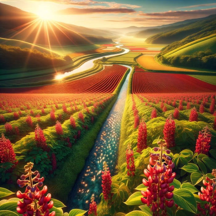 Sunlit Red Beans Field in Lush Green Valley