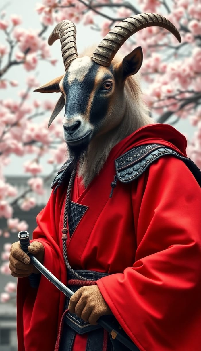 Fierce Samurai Goat in Cherry Blossom Setting